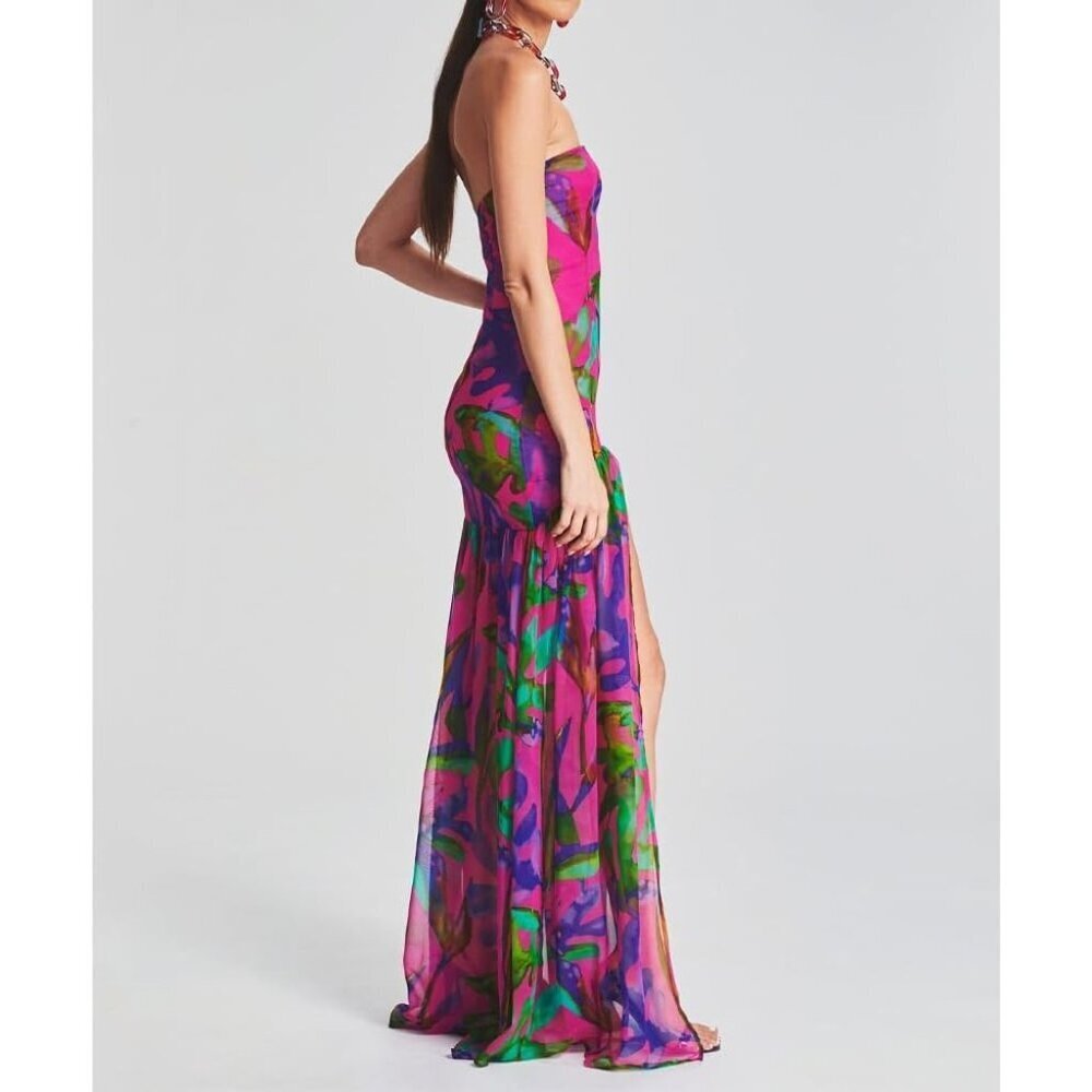 Women Purple Tiger Stripe Mesh Patchwork Maxi Strapless High Slit Long Dresses - Picture 3 of 5